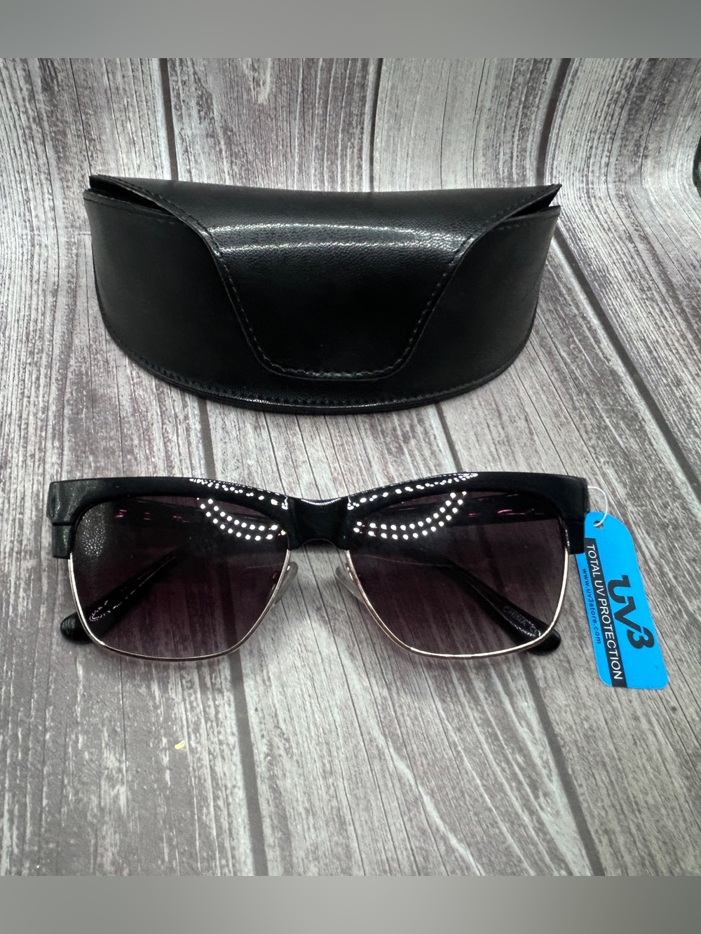 NWT UV3 Browline Clubmaster Sunglasses Black with Hard Case